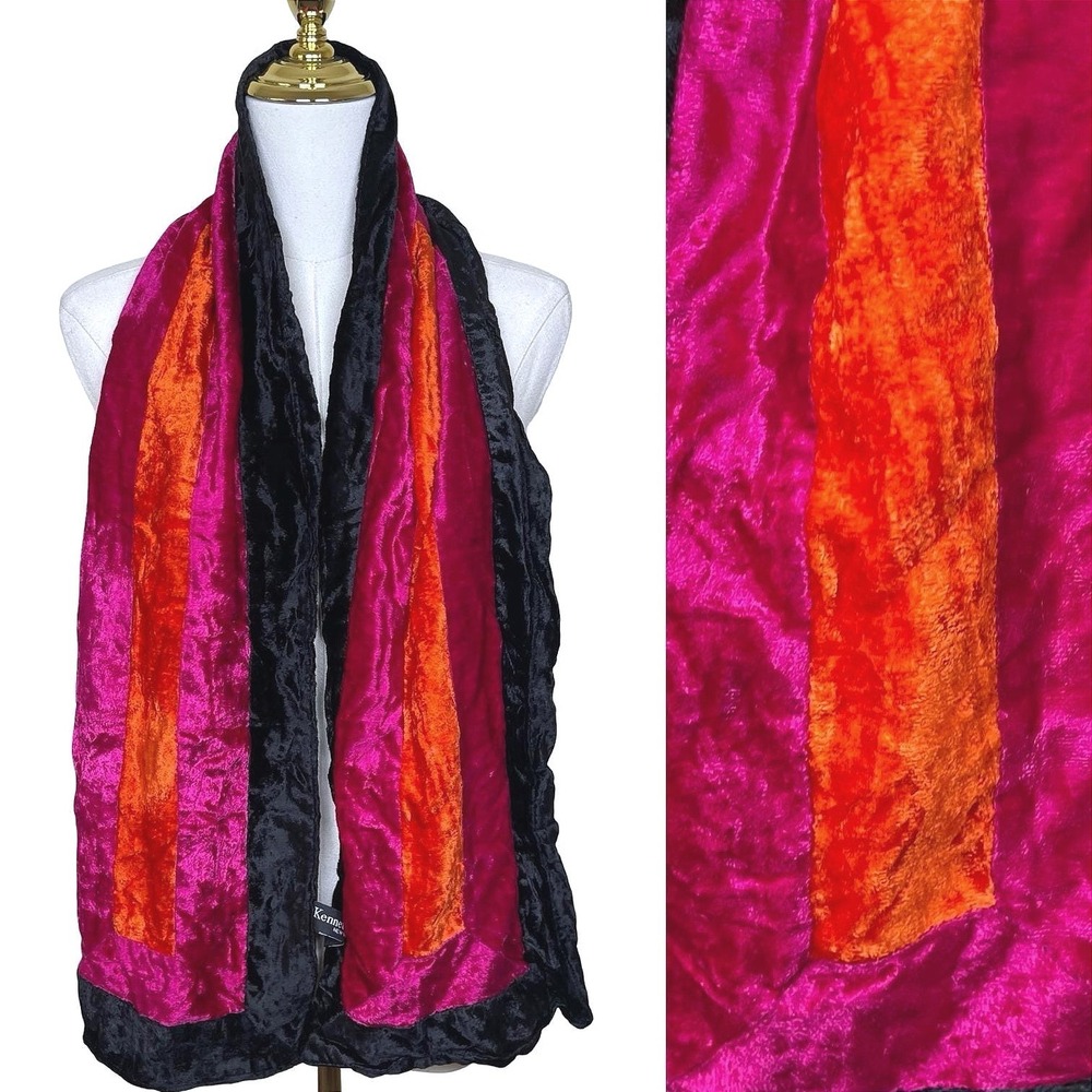 Vintage Kenneth Cole Scarf Women Pink Orange Velvet Rayon Colorblock Striped